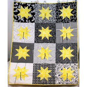 Handmade Quilt Throw Blanket 40 x 53" Double Sided Octagram Star Black White Yel